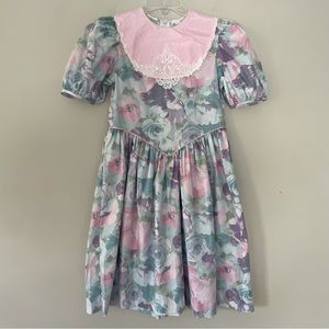 Vintage Bryan Girls Floral Cottagecore Puff Sleeve 80s Drop Waist Dress • Size 7
